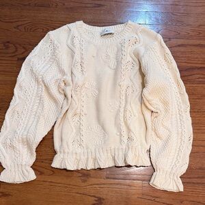 7 For All Mankind Cream Ruffle-Hem Cable Knit Sweater